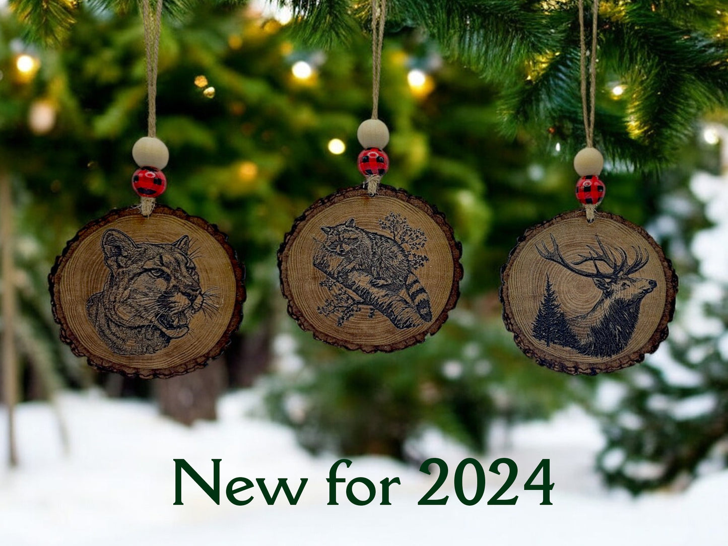 Personalized woodland Christmas Ornaments featuring bear, bison, deer, wolves, elk, racoon, and panther.