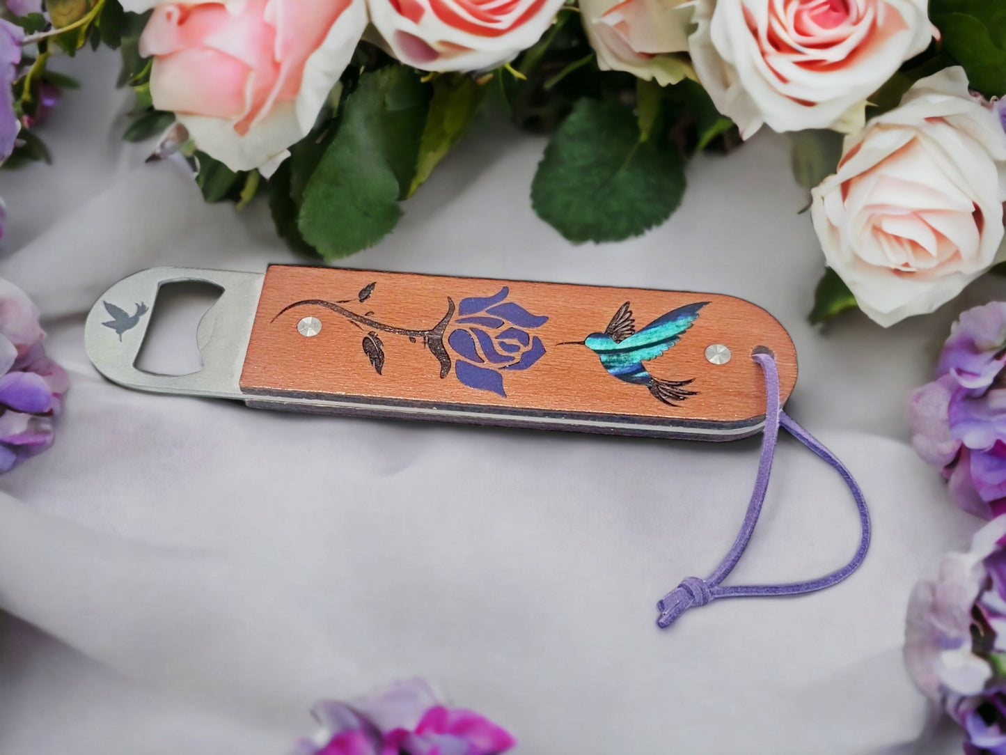 Custom Hummingbird And Rose Acrylic Inlaid Bottle Opener || Great addition to any bar, kitchen, or as a unique gift.