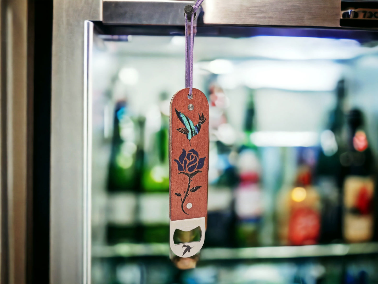 Custom Hummingbird And Rose Acrylic Inlaid Bottle Opener || Great addition to any bar, kitchen, or as a unique gift.