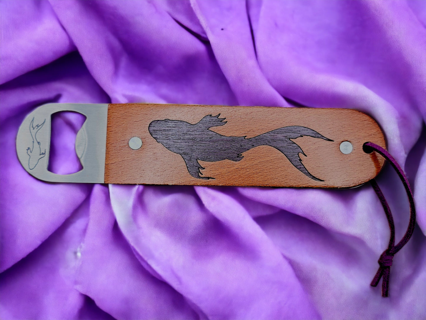 Custom Koi Fish Purpleheart Wood Inlaid Bottle Opener with Wooden Handle || Great addition to any bar, kitchen, or as a unique gift.
