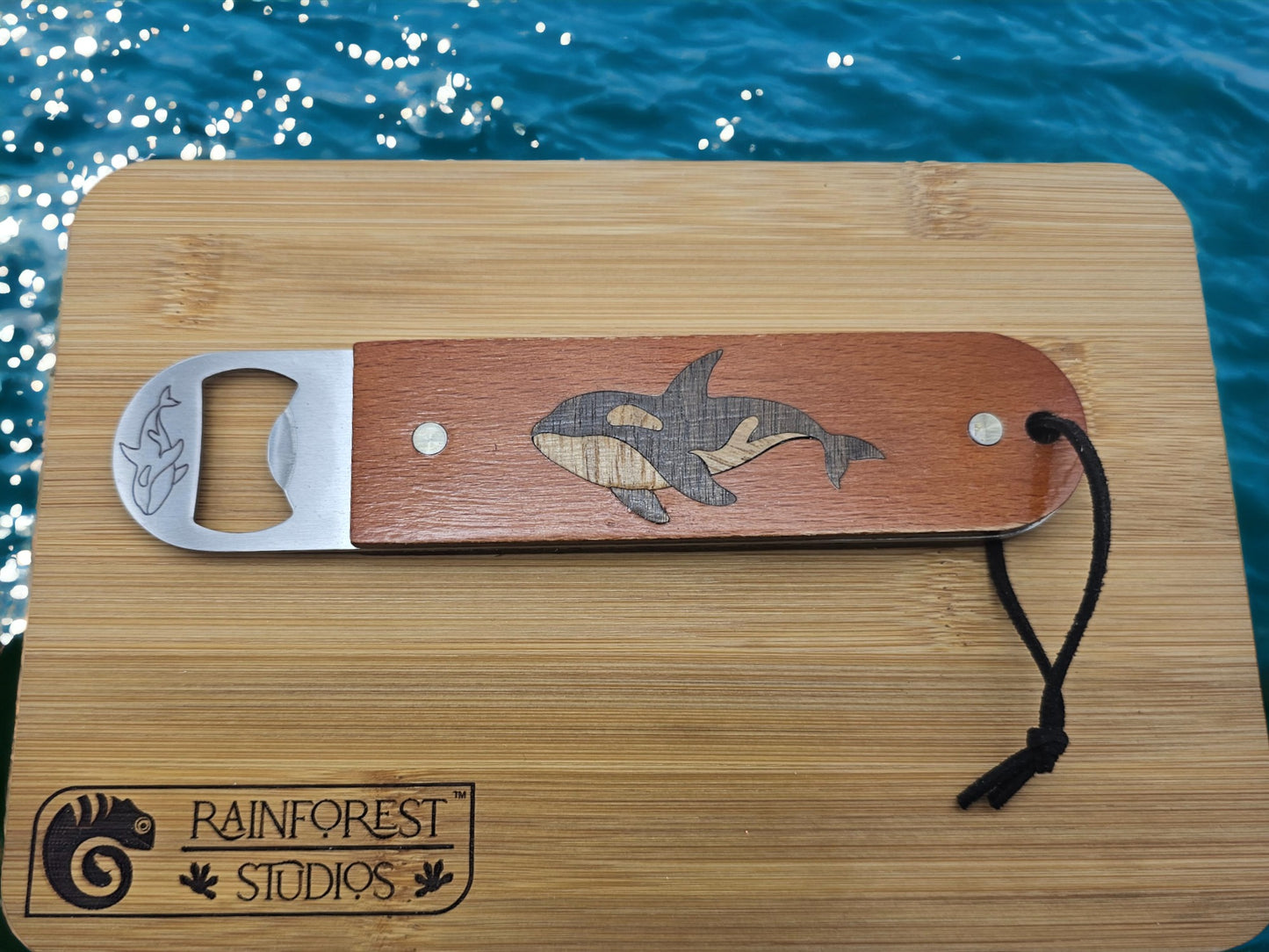 Custom Orca dark walnut and white oak Inlaid Bottle Opener with Wooden handle || Great addition to any bar, kitchen, or as a unique gift.