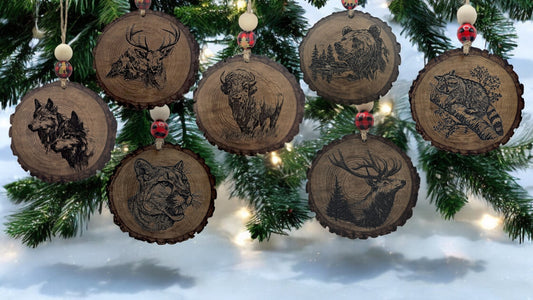 Personalized woodland Christmas Ornaments featuring bear, bison, deer, wolves, elk, racoon, and panther.