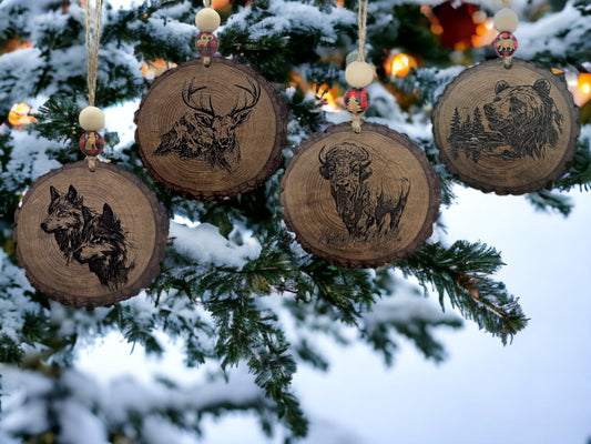 Personalized woodland Christmas Ornaments featuring bear, bison, deer, and wolves.