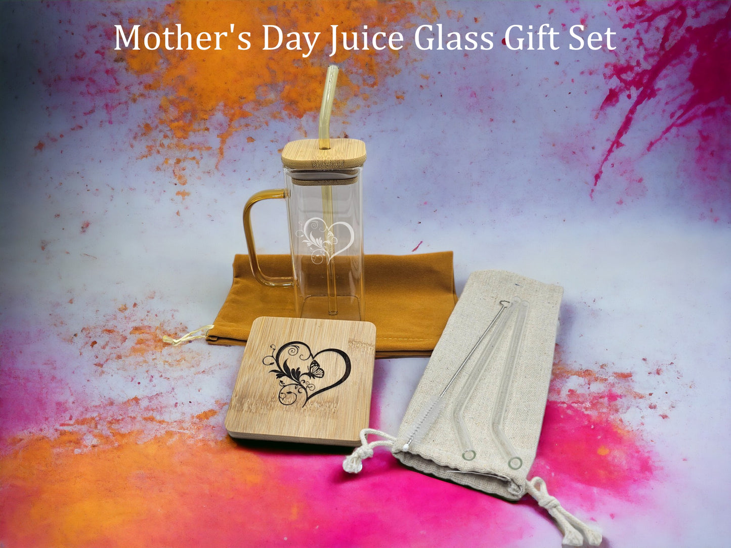 Personalized Mother's Day Juice Glass and Coaster Gift Set - 13 oz Glass, Bamboo Lid, Glass Straw, and Bamboo Coaster || 4 Colors Available