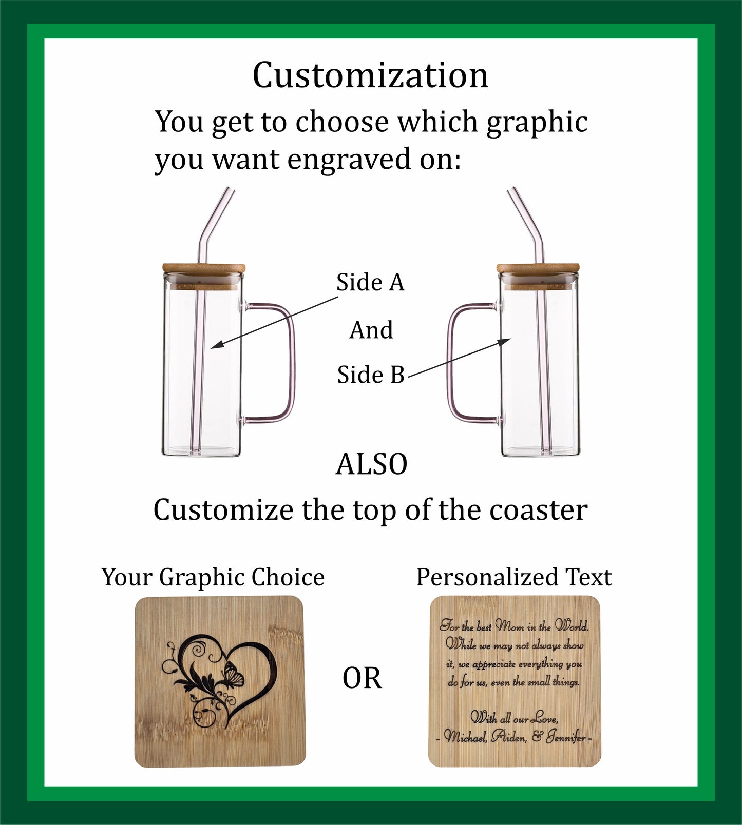 Personalized Mother's Day Juice Glass and Coaster Gift Set - 13 oz Glass, Bamboo Lid, Glass Straw, and Bamboo Coaster || 4 Colors Available