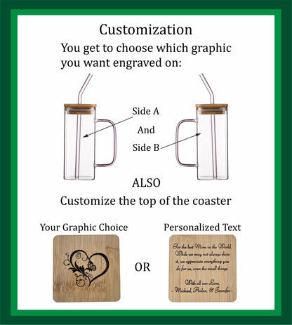 Personalized Mother's Day Juice Glass and Coaster Gift Set - 13 oz Glass, Bamboo Lid, Glass Straw, and Bamboo Coaster || 4 Colors Available