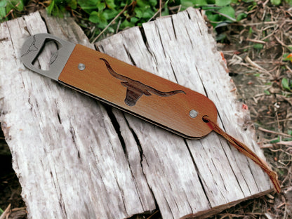 Custom Longhorn Inlaid Bottle Opener with Bolivian Rosewood || Great addition to any bar, kitchen, or as a unique gift.