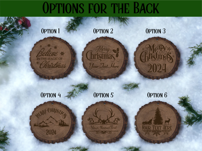 Personalized woodland Christmas Ornaments featuring bear, bison, deer, wolves, elk, racoon, and panther.