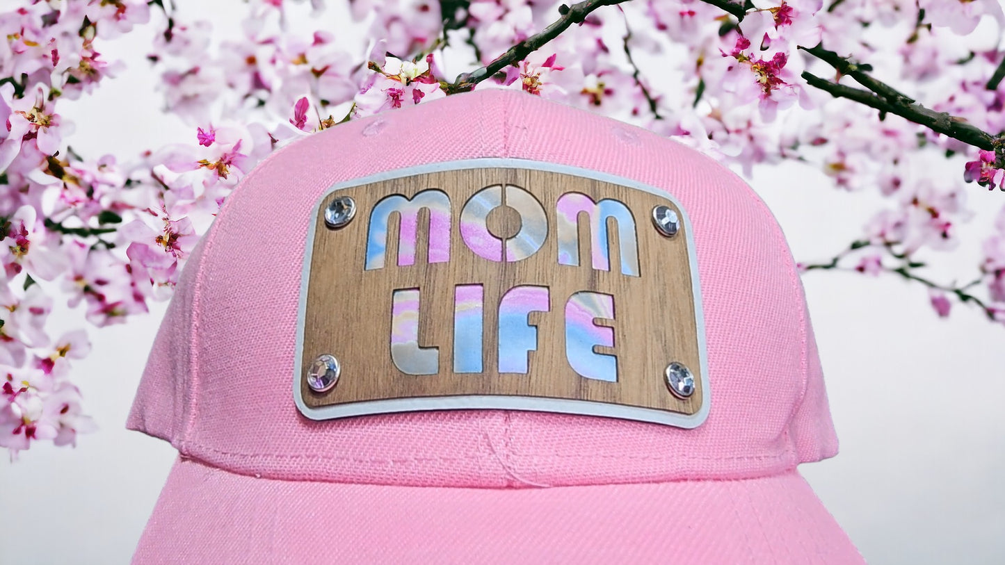 Mother’s Day Mom Hat | Mama Hat | Mid-Profile Customized Design Featuring Faux Leather, Genuine Walnut, and Acrylic Rhinestone Rivets